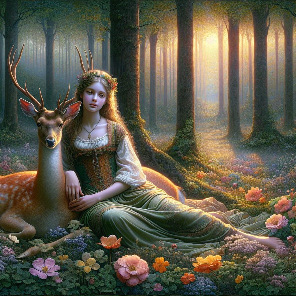 Forest Princess and Deer in Klimt-Inspired Meadow