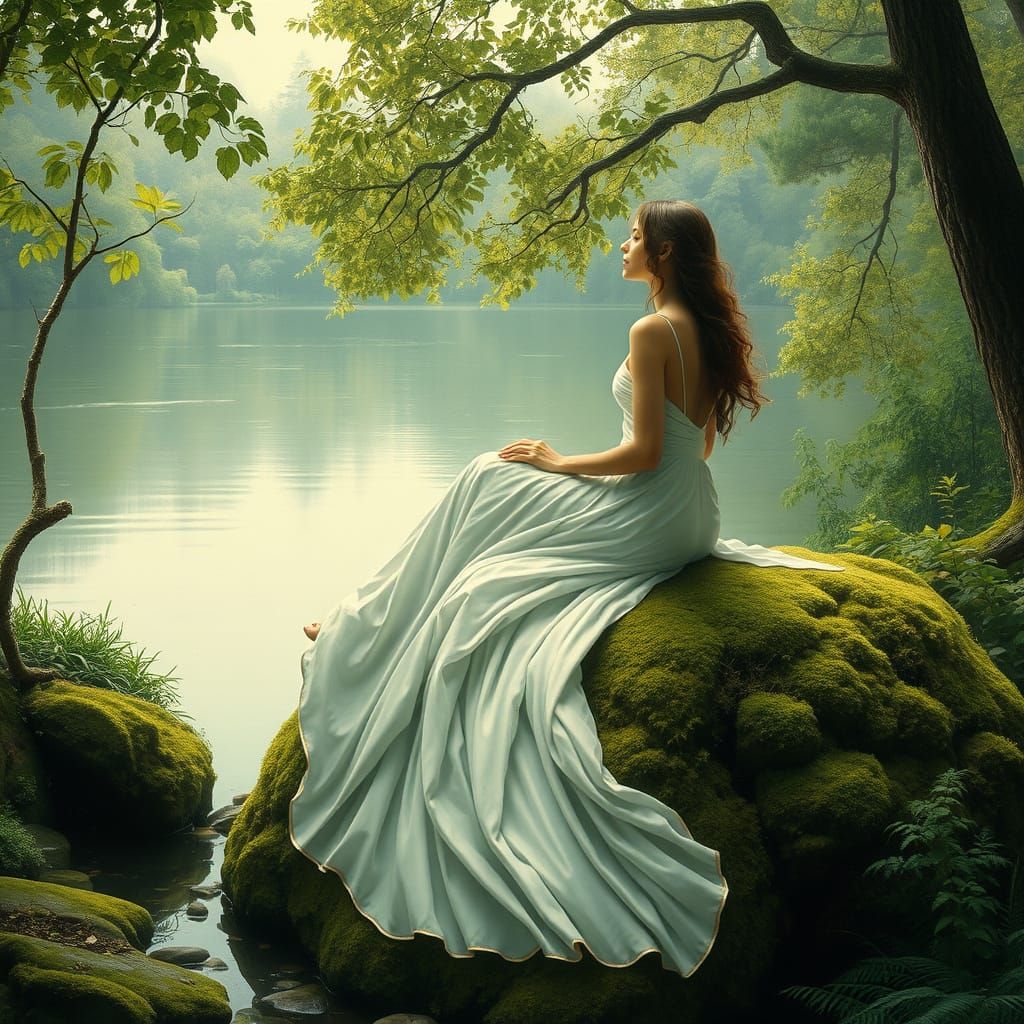 Elegant Woman by Lake: Art Nouveau Style