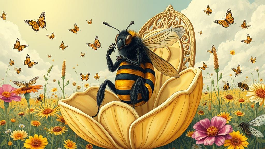 Regal Bee Contemplates Existence in Vibrant Floral Realm