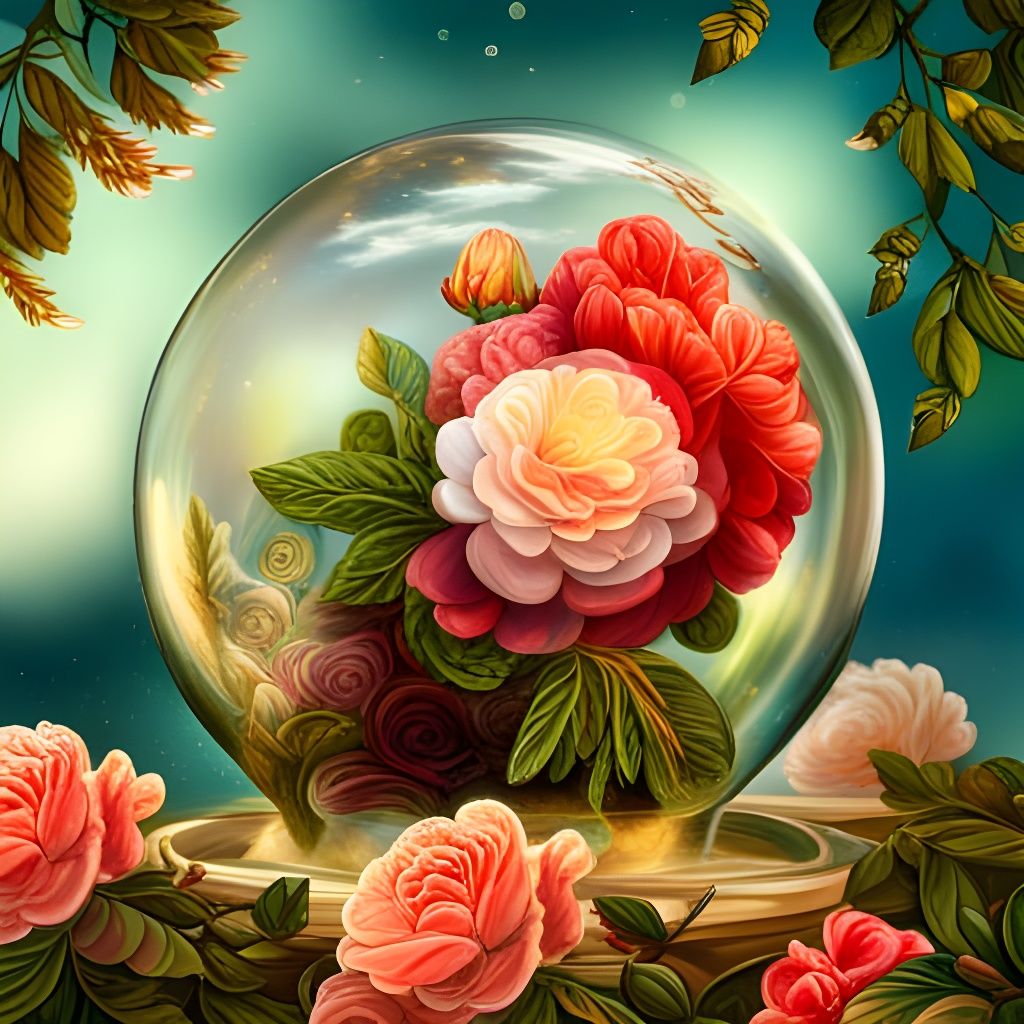 Roses in Glass Globe, Forest Background, Digital Painting