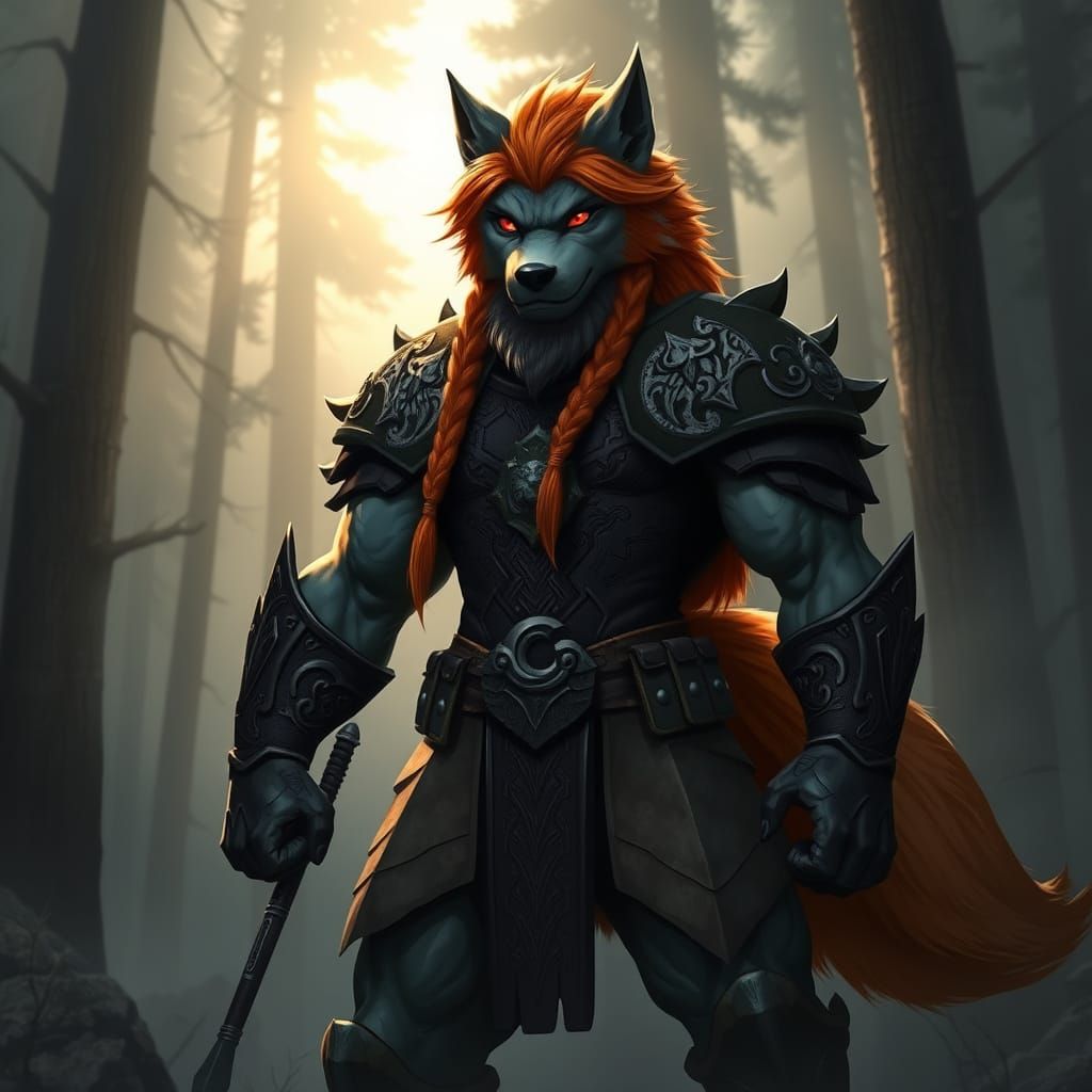 Powerful Wolf-Like Warrior in Misty Forest