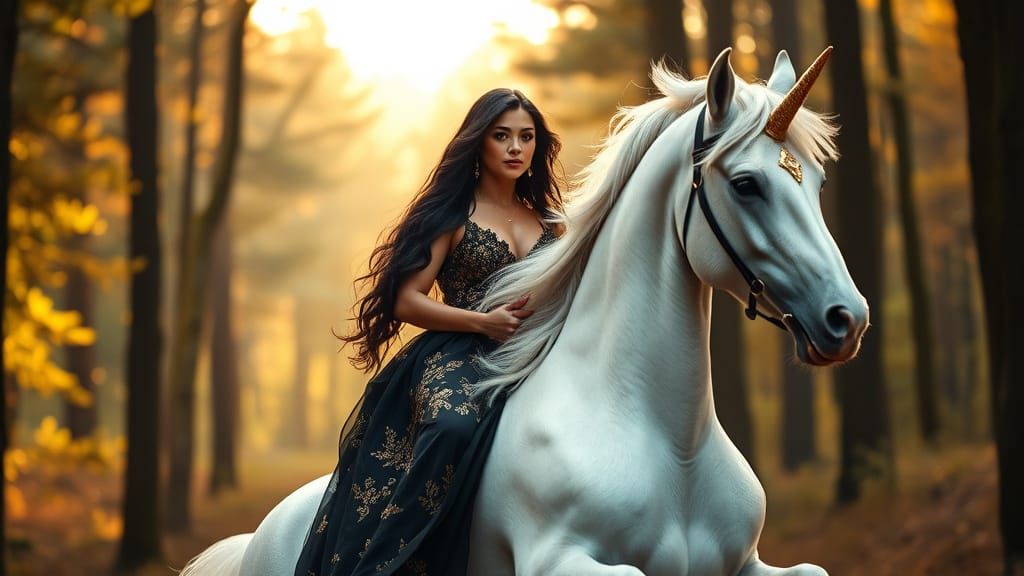 Hispanic Woman Rides Majestic White Unicorn in Mystical Fore...