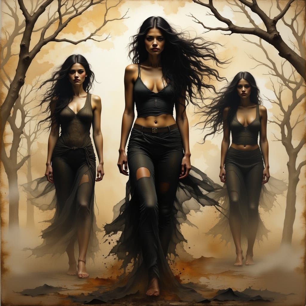 <lora:Neurographic Flux:1.0> 3 women are looking up at different angles; womans twisted shadowy shaped trees mer...