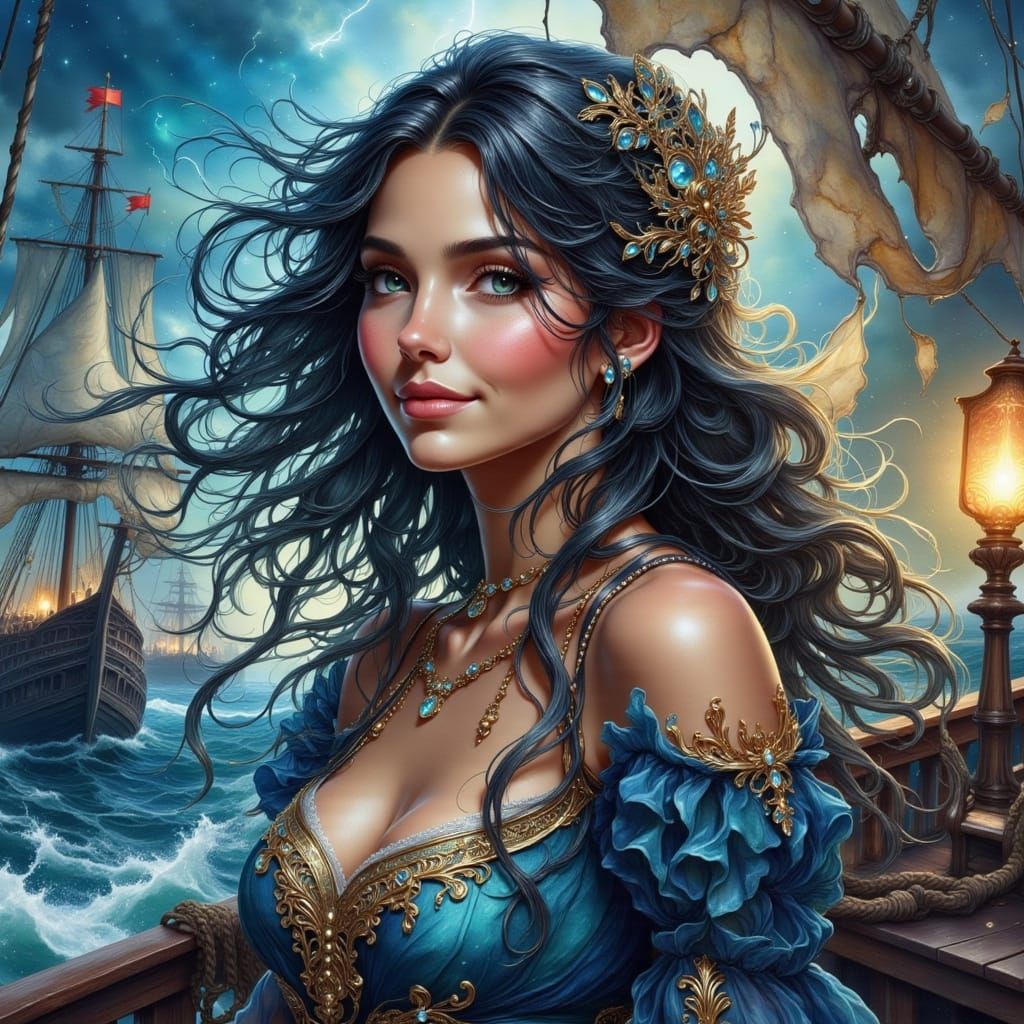 Pirate Captain in Stormy Seas, Vibrant Anime Style