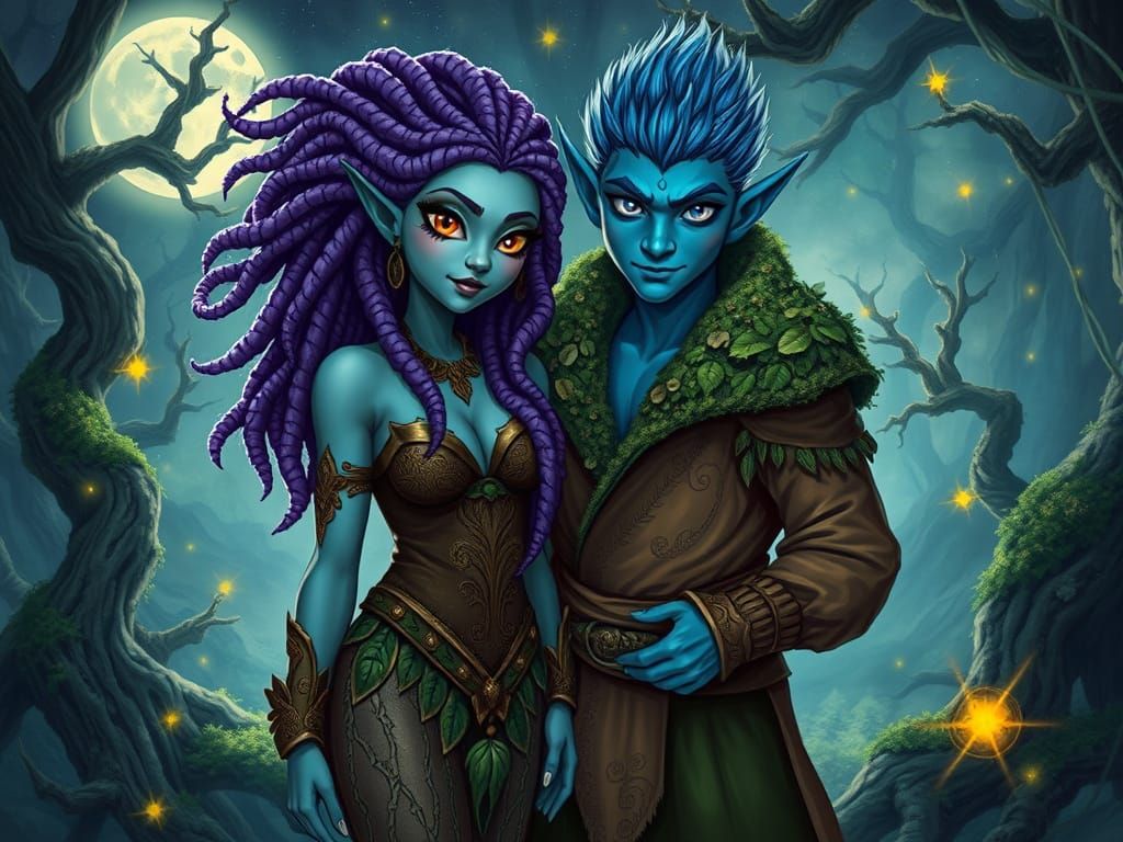 Fantasy Elf Couple in Lush, Moonlit Forest