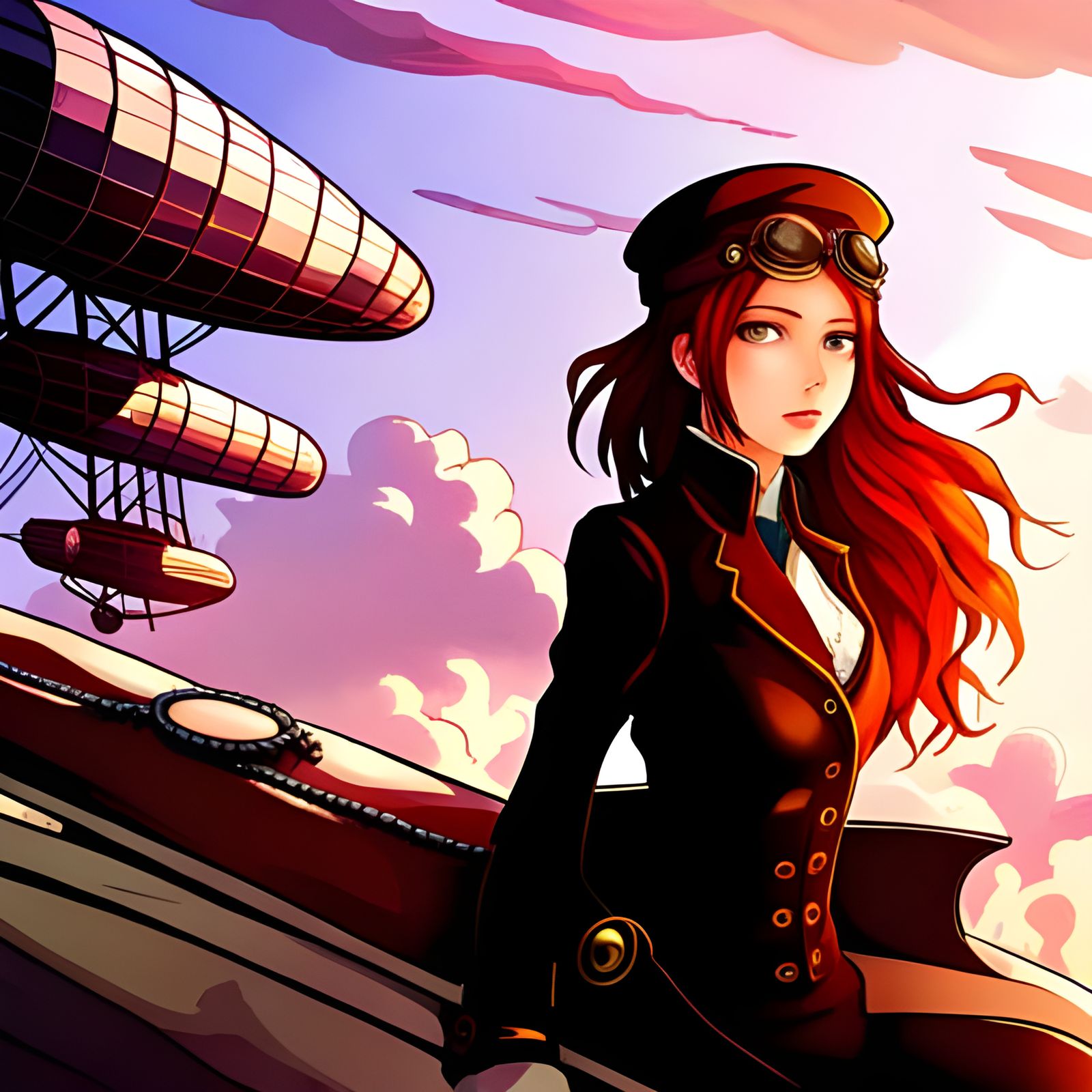 Steampunk Manga Girl Piloting Airship at Sunset