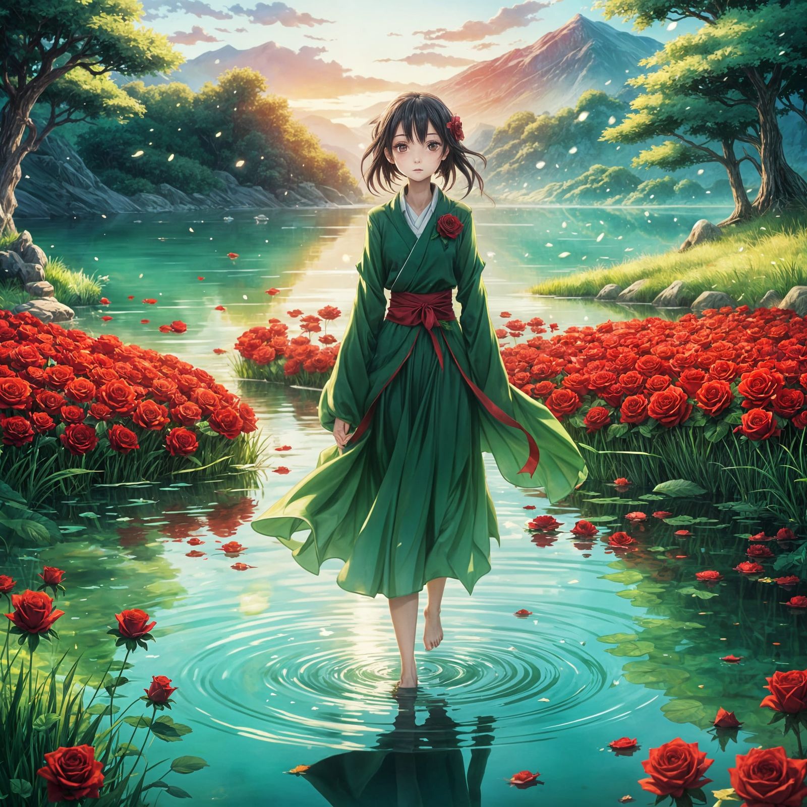 Elegant Anime Queen in Serene Water Garden