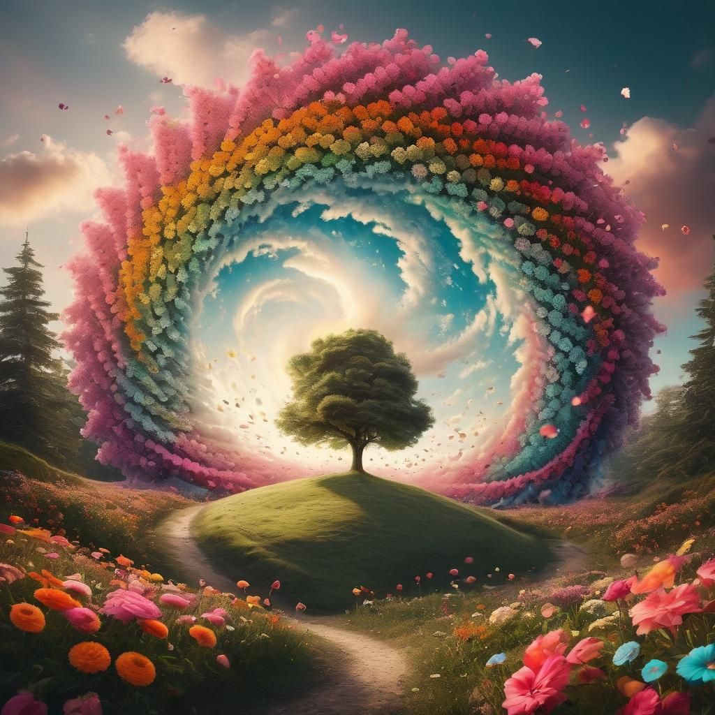Whimsical Kaleidoscope Tornado in Fantasy Landscape