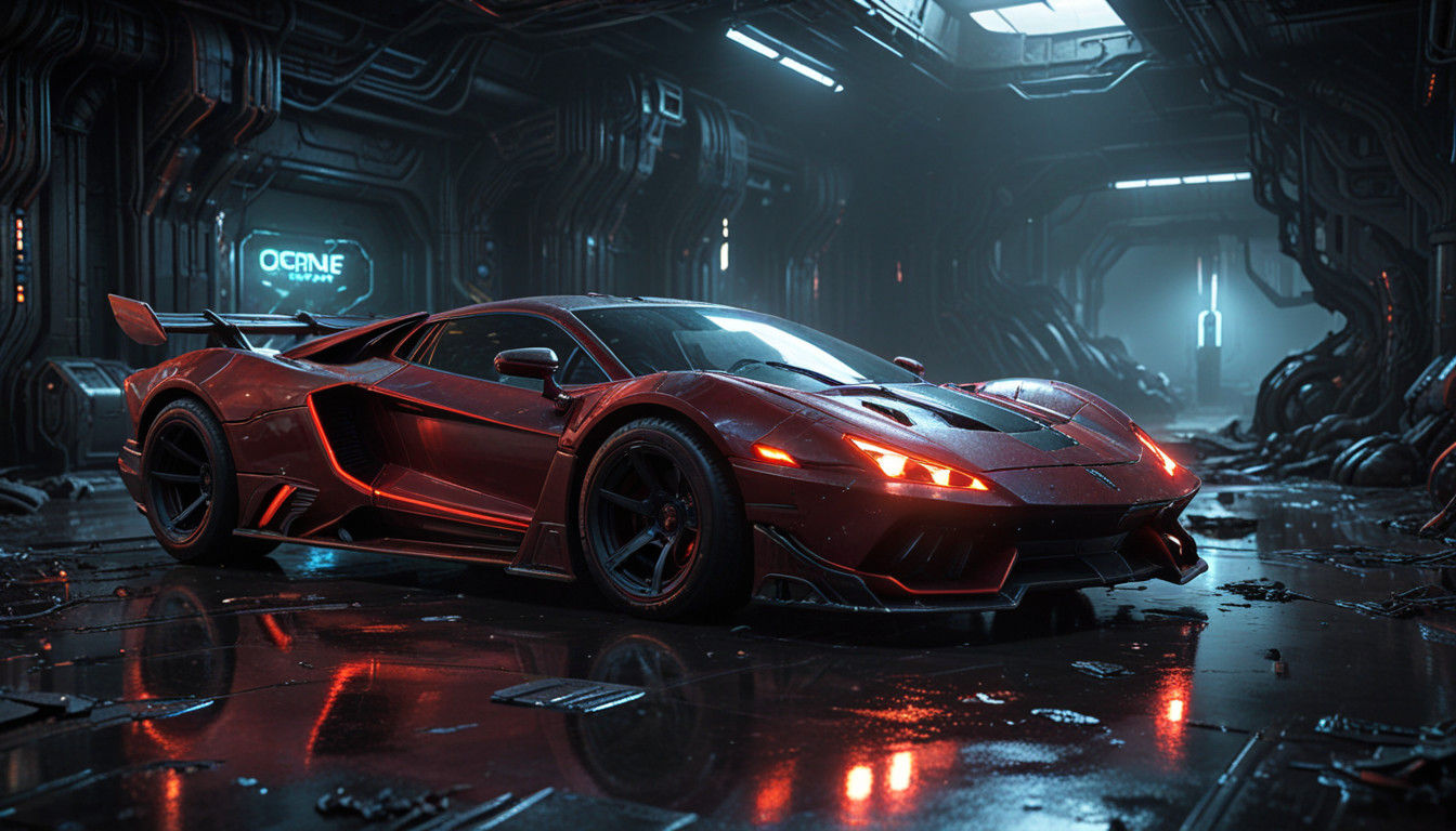 Cyberpunk Alien Car in Neon-Lit Desert Landscape