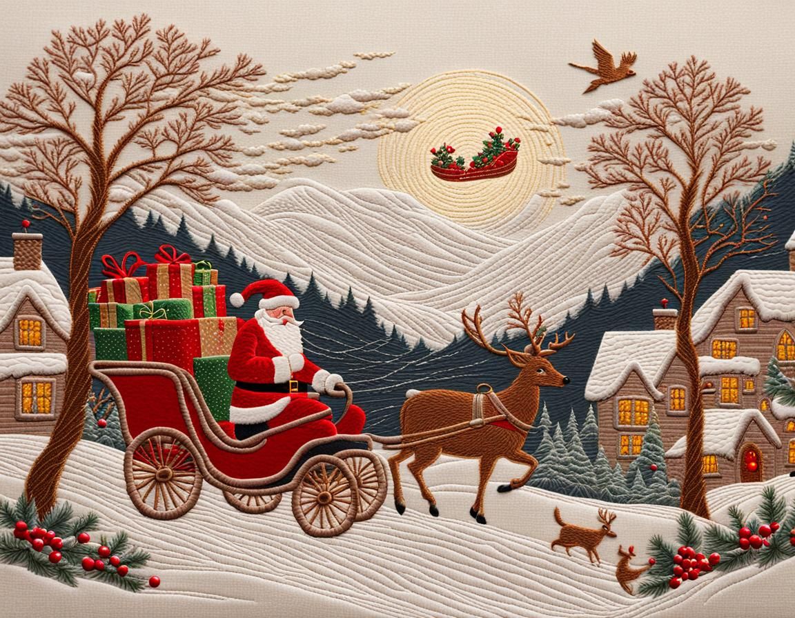Christmas Morning Scene with Santa, Embroidery Style