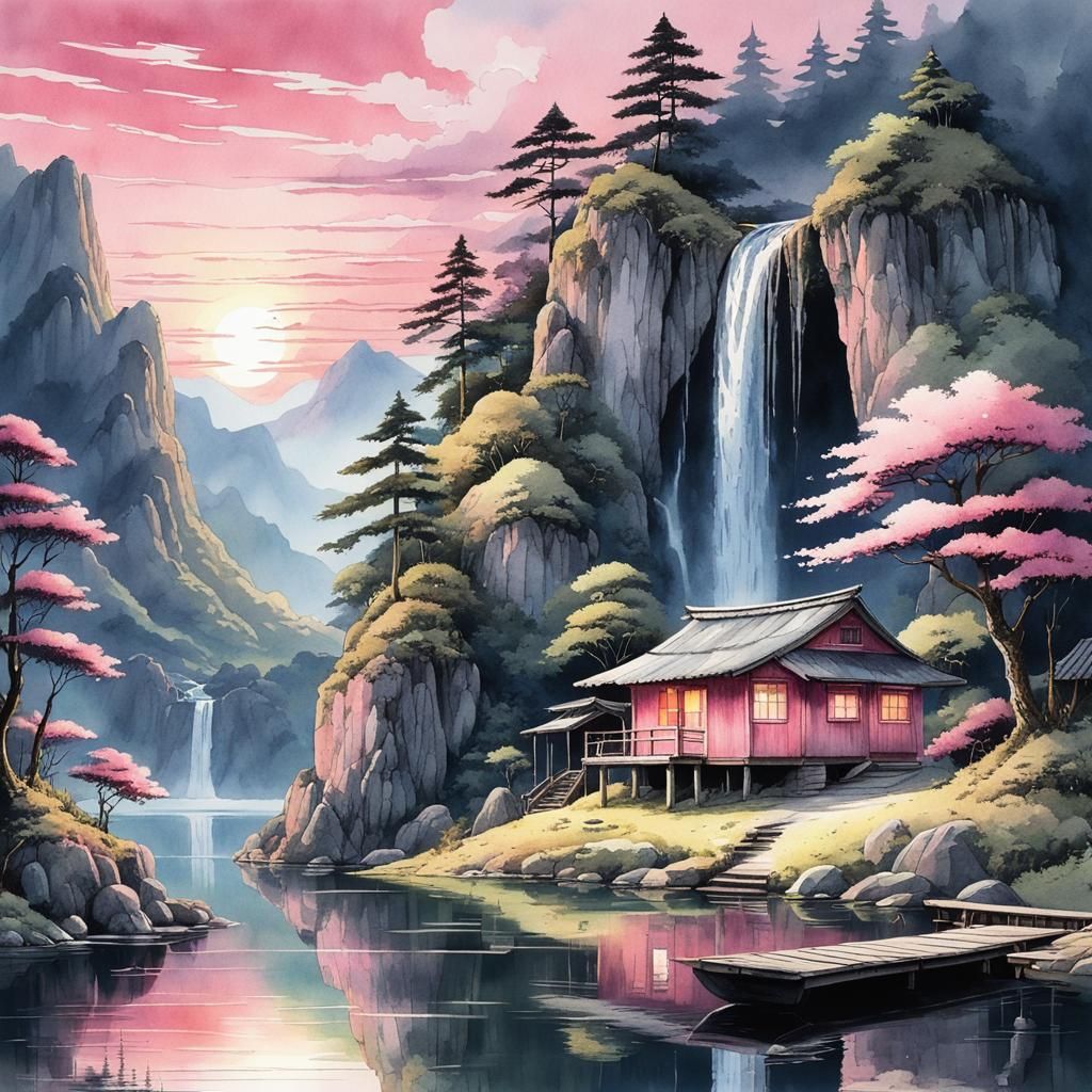 Beautiful pink sunset in a small hut on a lake in the mountains