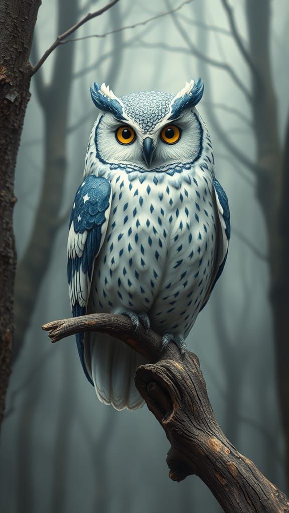 Porcelain Kintsugi Owl in Misty Forest, Renaissance Style