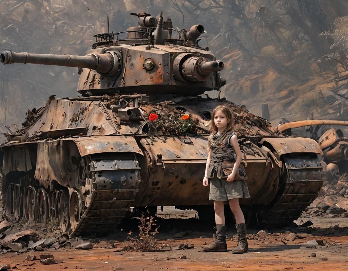 Steampunk Tank and Child with Flower on Battlefield