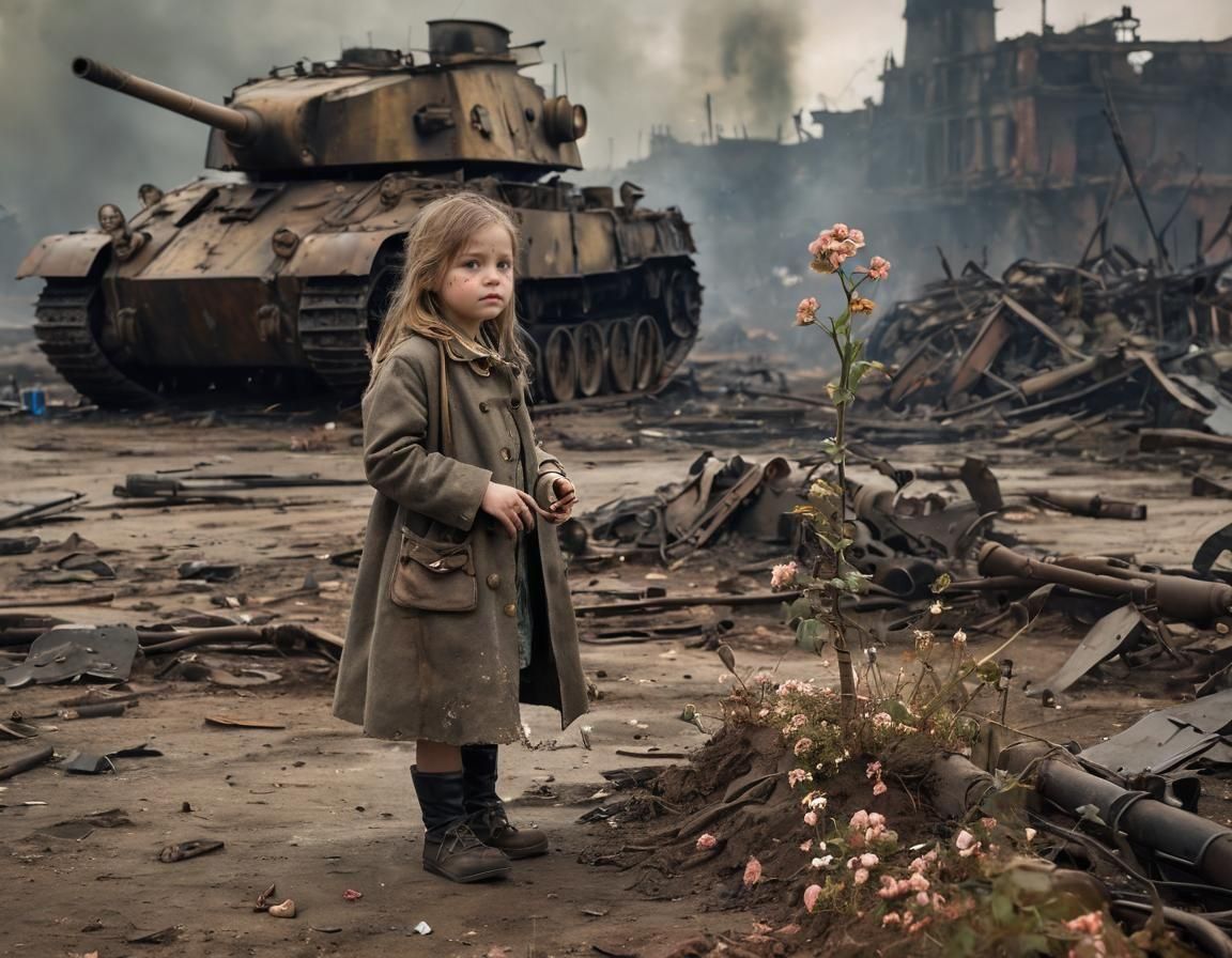 Steampunk Tank and Girl with Flower on Battlefield
