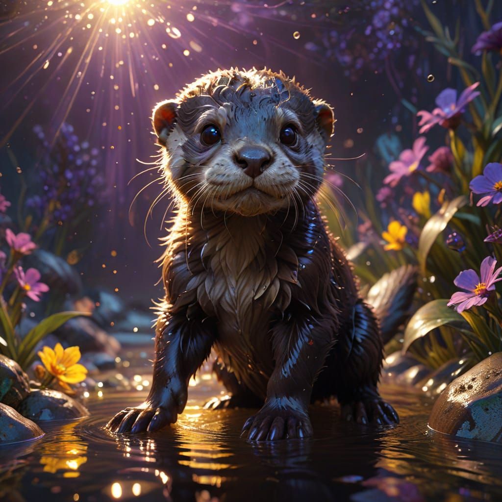 Whimsical Dark Fantasy Otter Pup in Vibrant Oil Painting Sty...