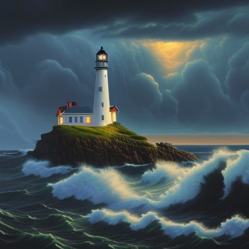 Stormy Lighthouse on Rocky Island: Expressionist Oil Paintin...