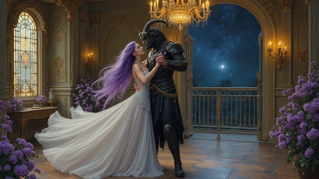 Elf and Minotaur Dance in Art Nouveau Ballroom