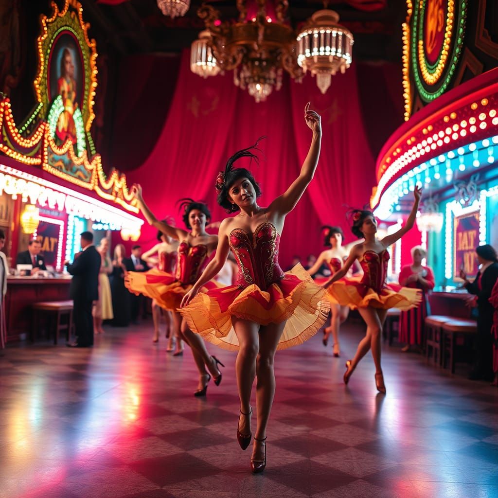 Vibrant Cloisonnism Cabaret Dancers in Hyperrealistic Detail