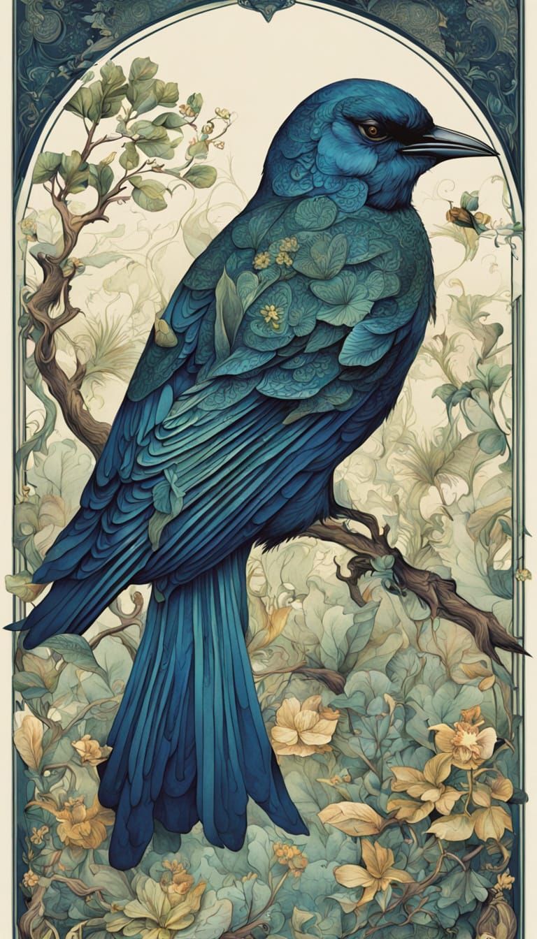 Elegant Bird on Branch with Oriental Characters in Ink Drawi...