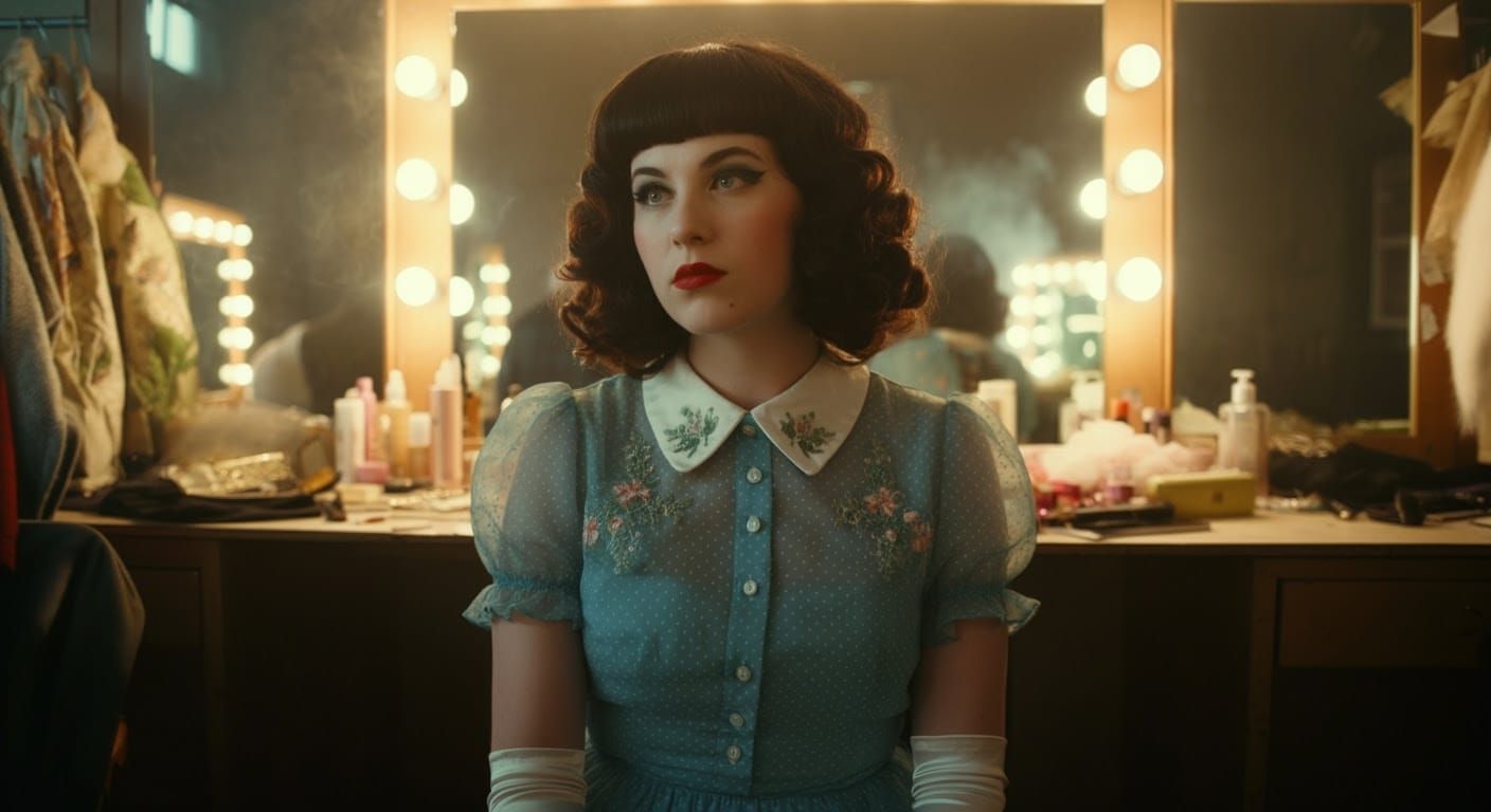 Elegant 1960s Starlet Prepares for Stage in Cinematic Black....