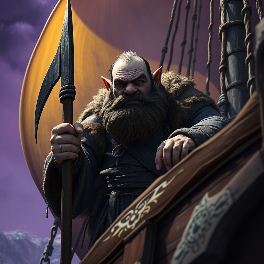 Disgruntled Dwarf on a Stormy Ship in Dark Fantasy Style