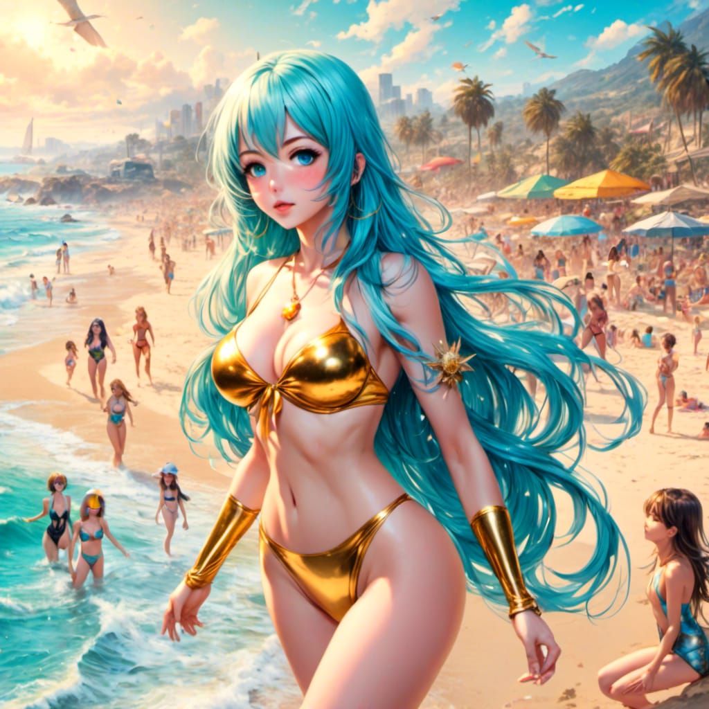 A towerong turquoise-haired anime babe in gold bikini