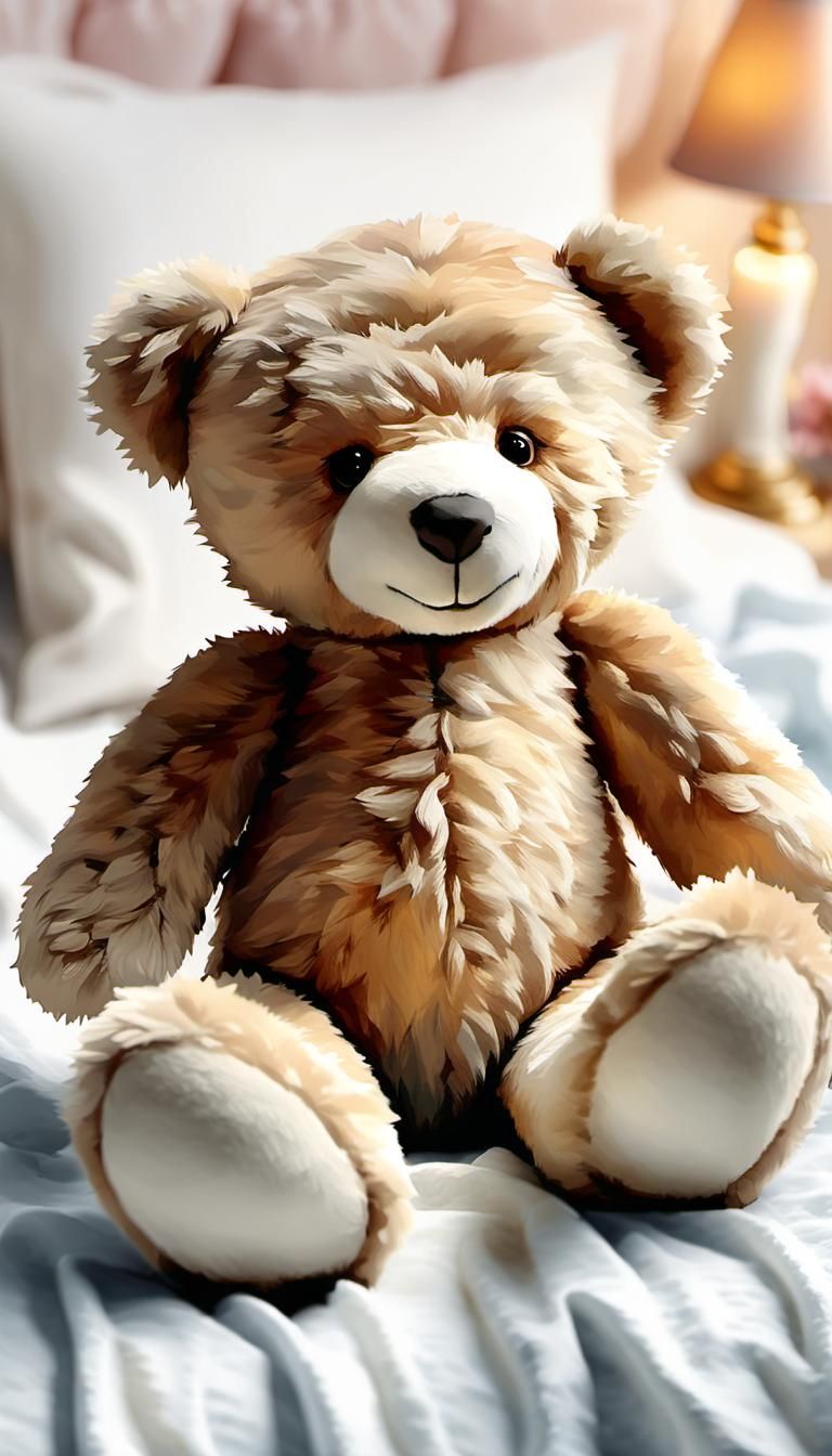 Watercolor Teddybear on Bed in Impressionist Style