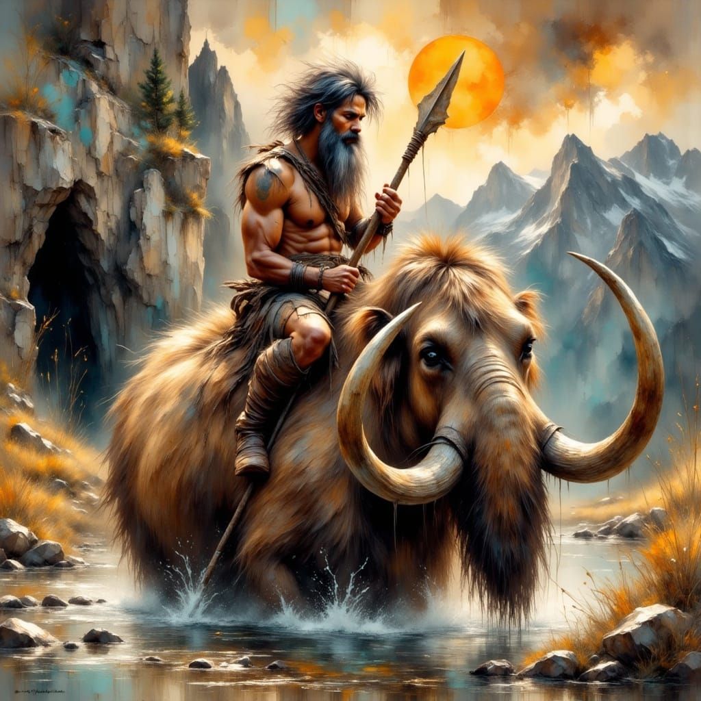 Caveman on Mammoth Fishing, as Impasto Painting