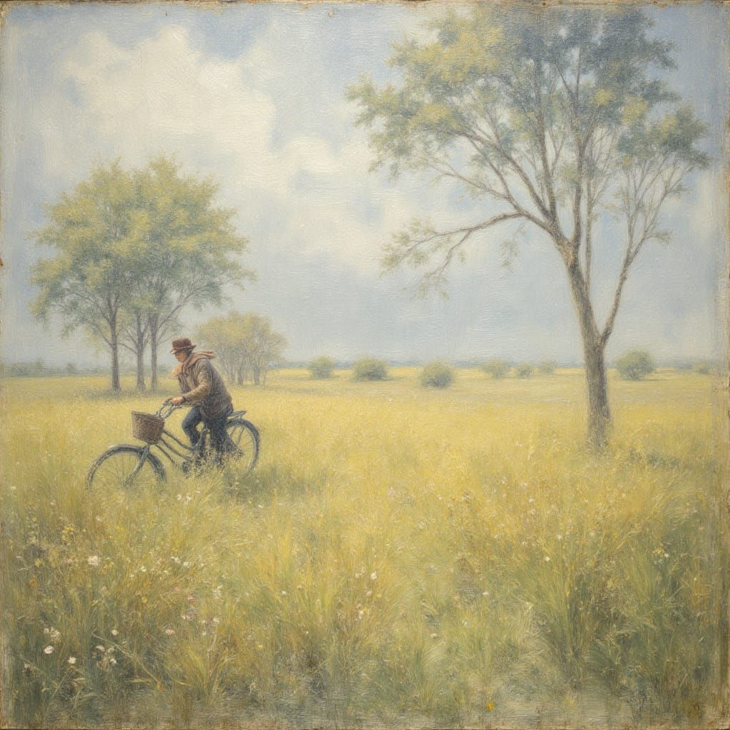 Pastel Countryside Bike Ride in Oil Painting Style