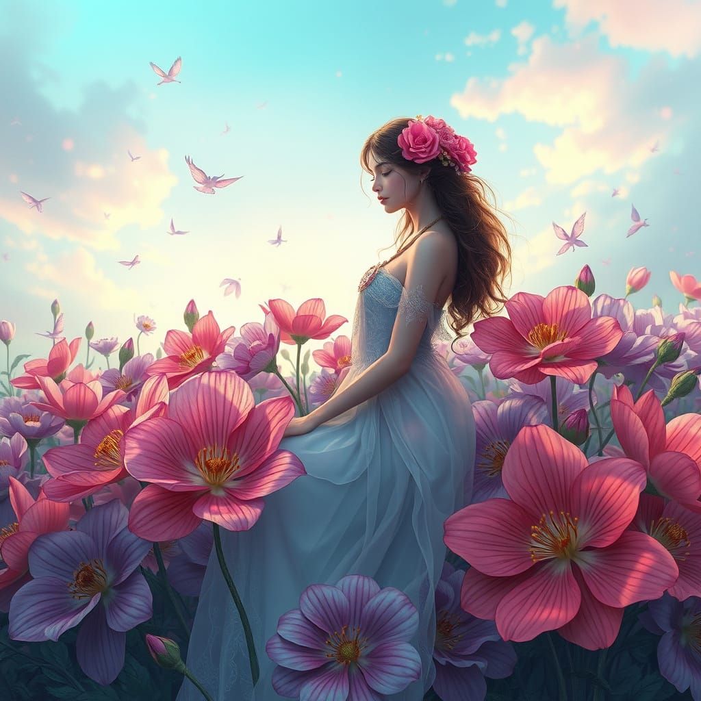 Mystical Flower Maiden in Vibrant, Dreamlike Landscape