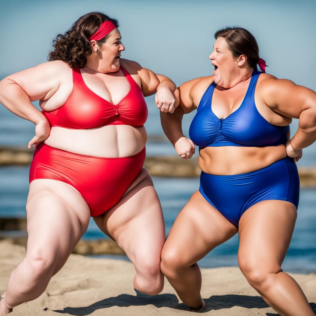 Two Women Wrestling in Swimsuits