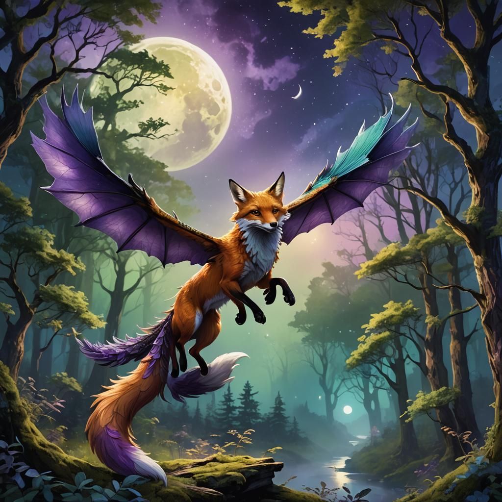 Fox Dragon Flight Under Purple Moon: Digital Art