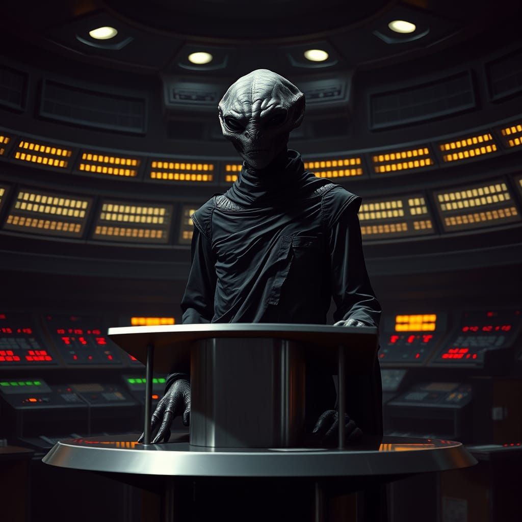 Alien Negotiates with Federation in Dark Spaceship