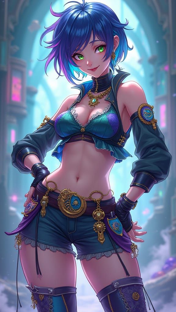 Energetic Kalashtar Chronomancer with Vibrant Style and Intr...