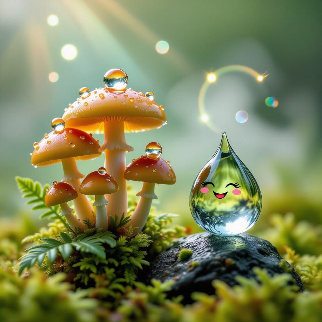 Whimsical Mushroom Macro Photo with Characterful Raindrops