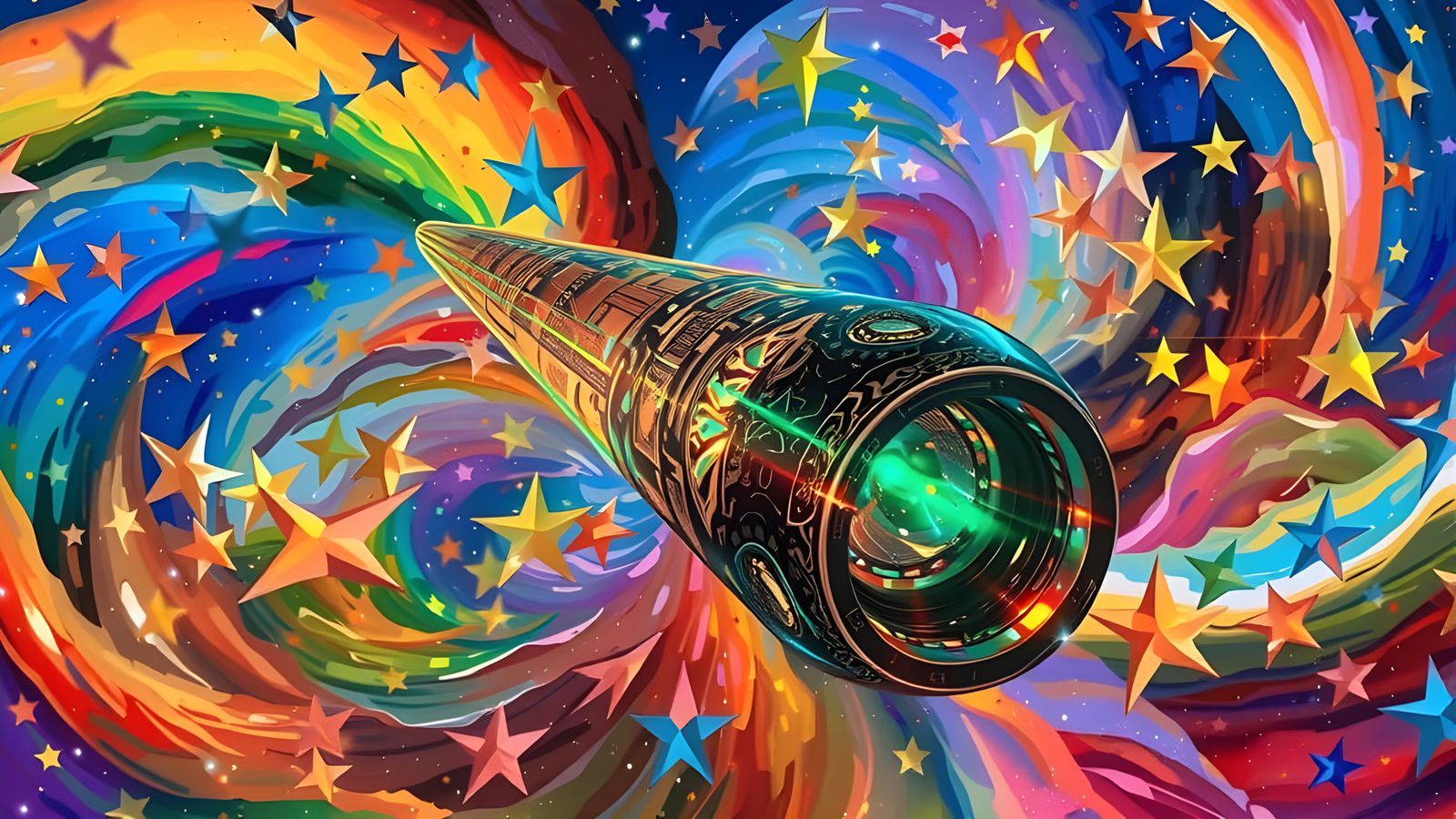 Surreal Metallic Cylinder Reflecting a Cosmic Dreamscape