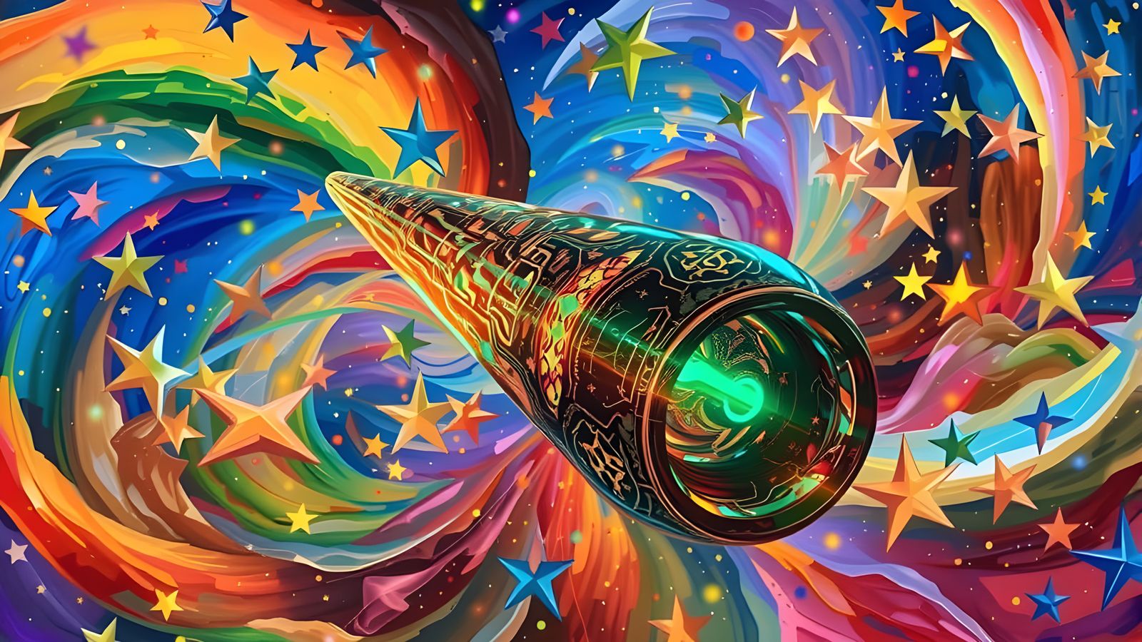 Reflective Cylinder Mirrors a Colorful Cosmic Dreamscape