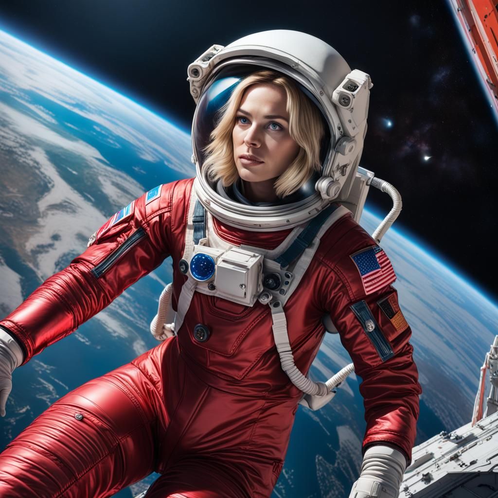 Astronaut in Red Spacesuit Amidst Spaceship Battle