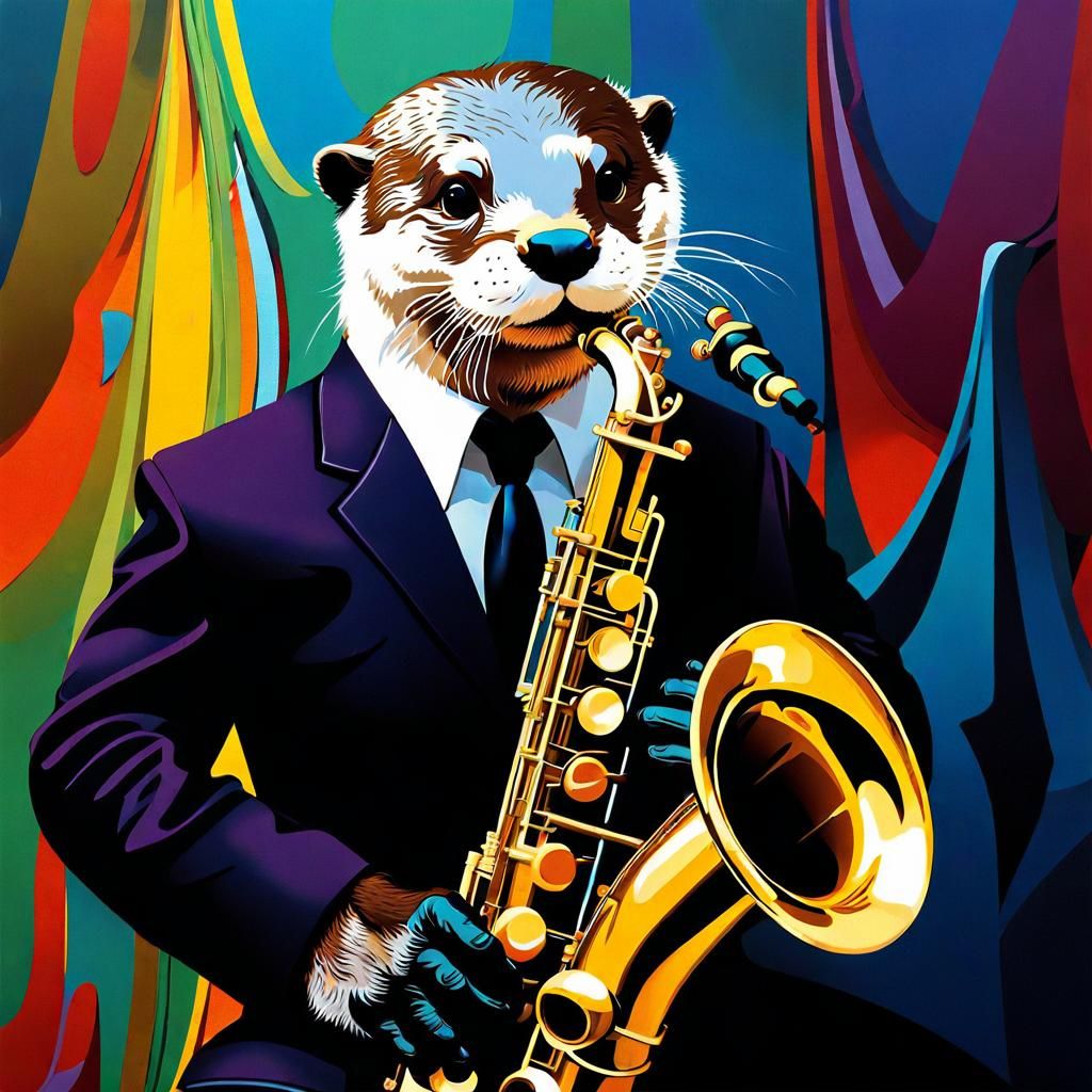 Otter Saxophone Lesson: Surreal Oil Painting