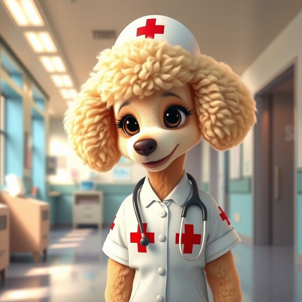 Fluffy Poodle Nurse in Bright Hospital Ward