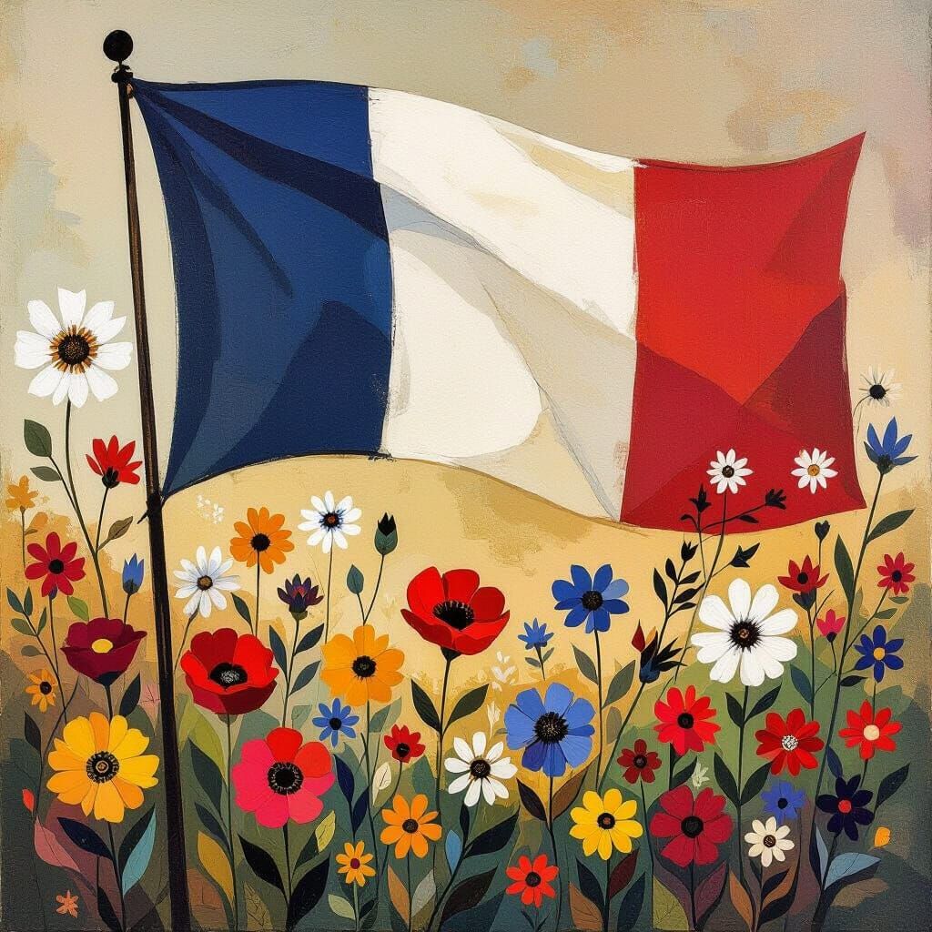 French Flag with Muted Wildflower Border Abstract Art