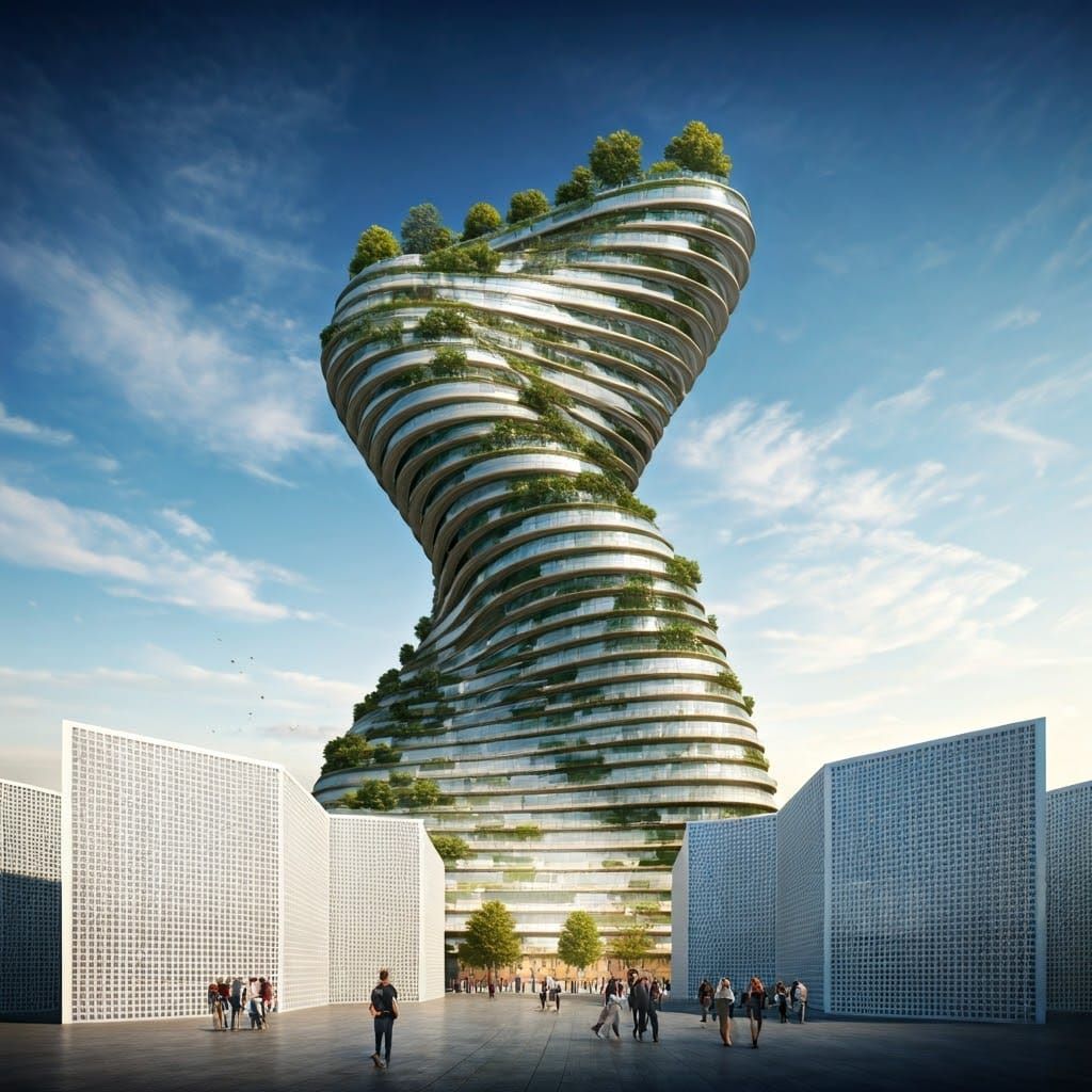 Innovative Futuristic Building with Twisting Structure and G...