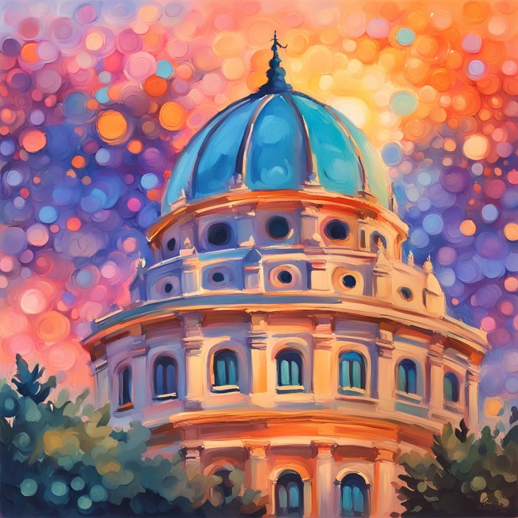 Iridescent City Dome Gouache Painting with Bokeh