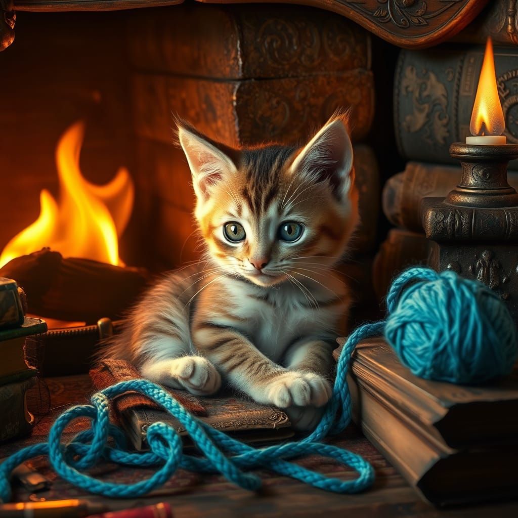 Golden Kitten in Mystical, Whimsical Scene