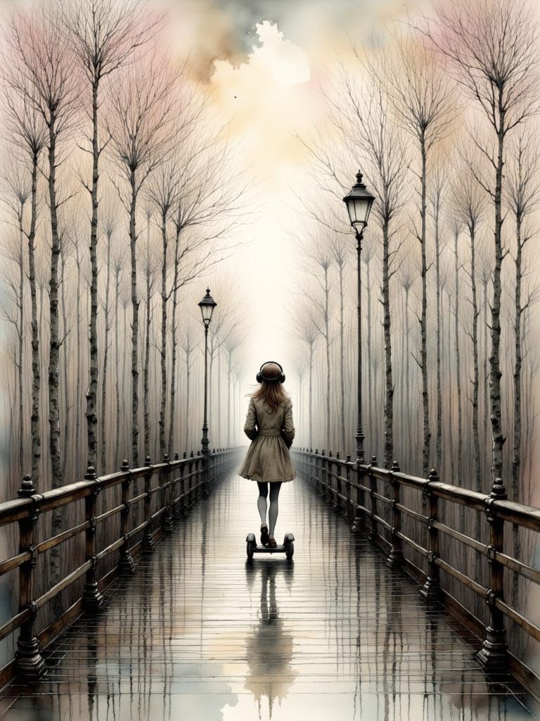 Girl on E-Scooter on Bridge on Bleak November Day