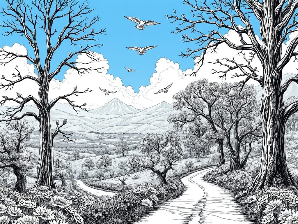 Enchanted Forest in Black and White: Coloring Book Scene