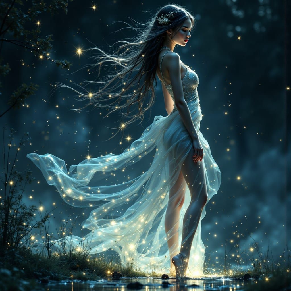 Woman in White Dress Under Starry Sky