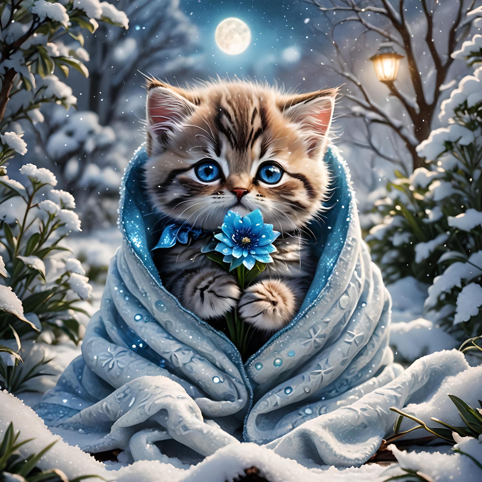 Cute Kitten with Blue Flower in Winter Garden