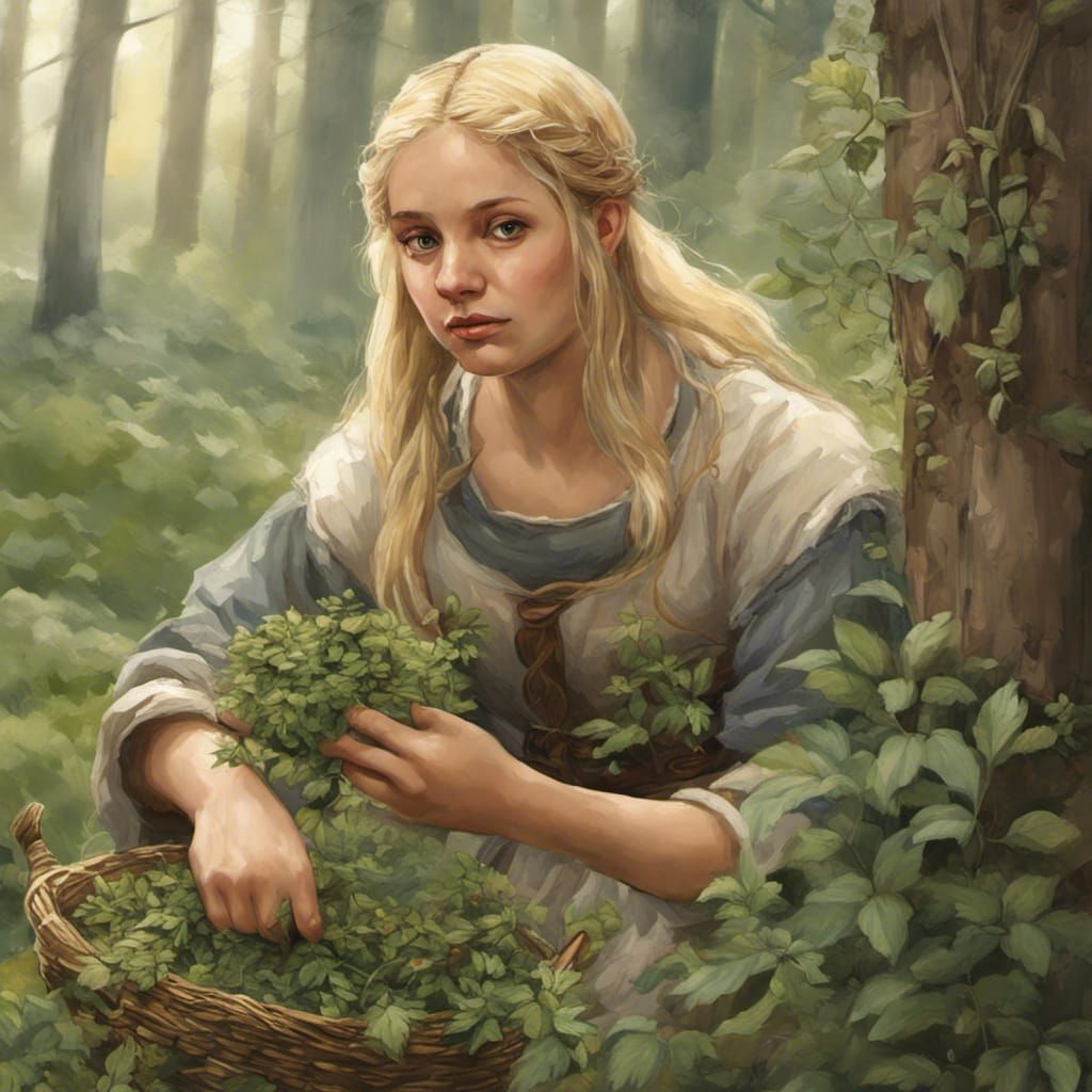 Peasant Girl Gathering Herbs in Medieval Forest