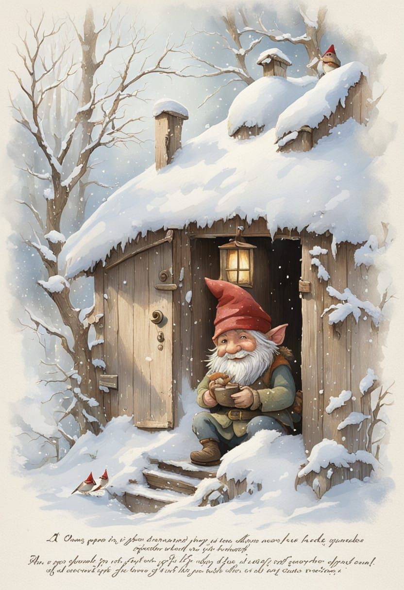 Enchanted Woodland Gnome in Whimsical Winter Scene